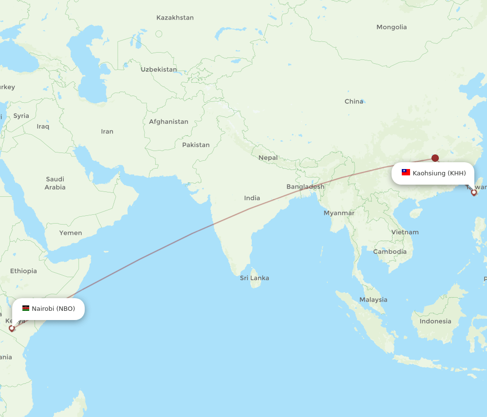 Nairobi - Kaohsiung route map and flight paths
