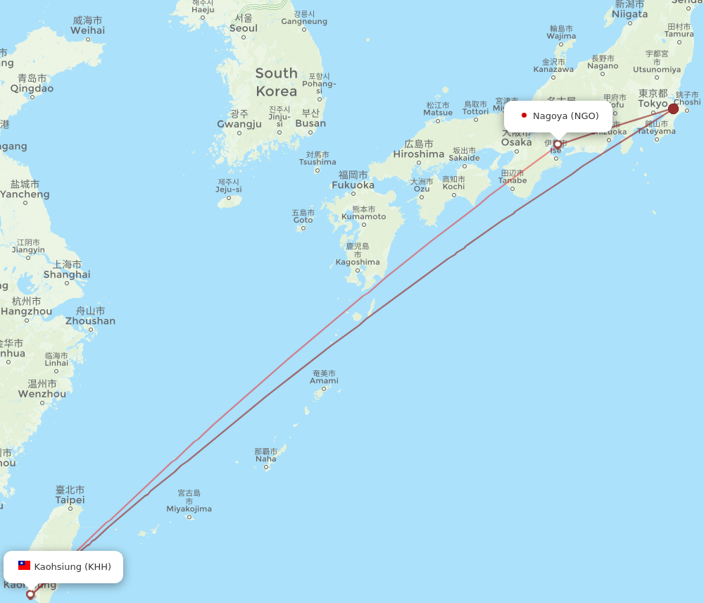 KHH to NGO flights and routes map