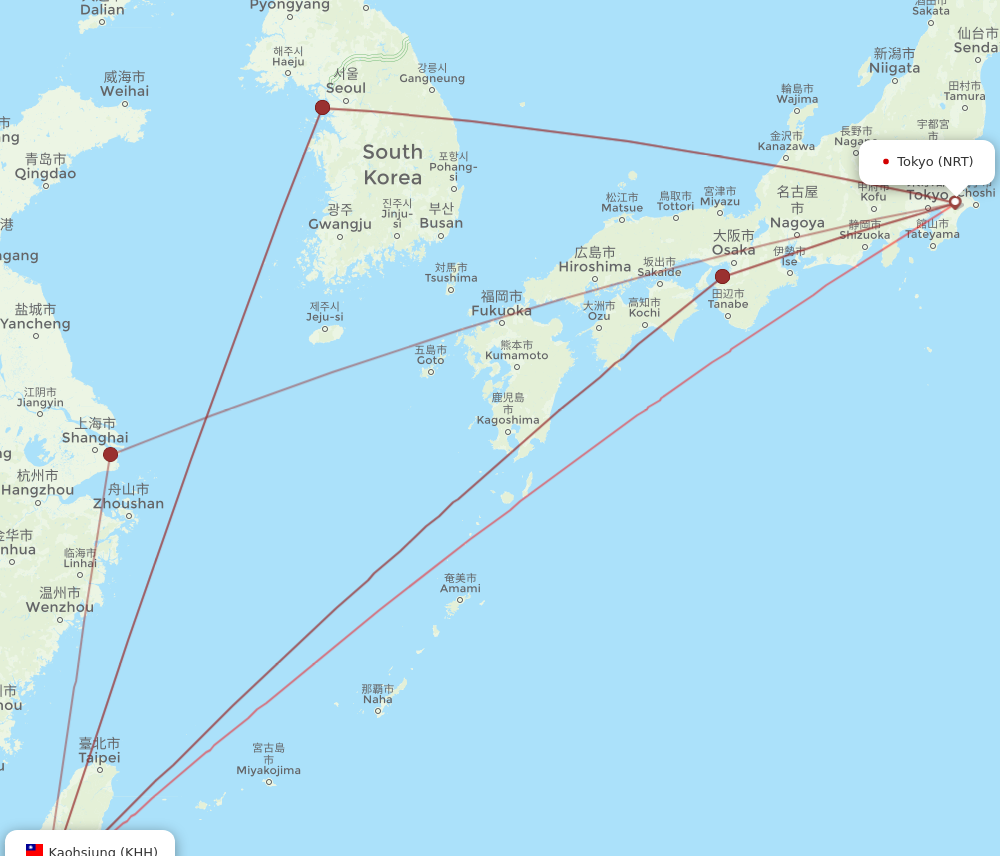KHH to NRT flights and routes map