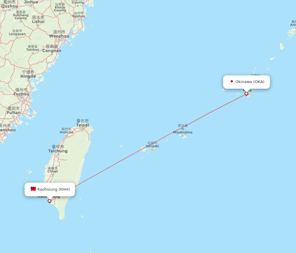 Kaohsiung - Okinawa route map and flight paths