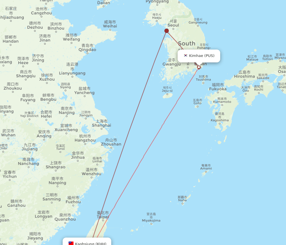 KHH to PUS flights and routes map