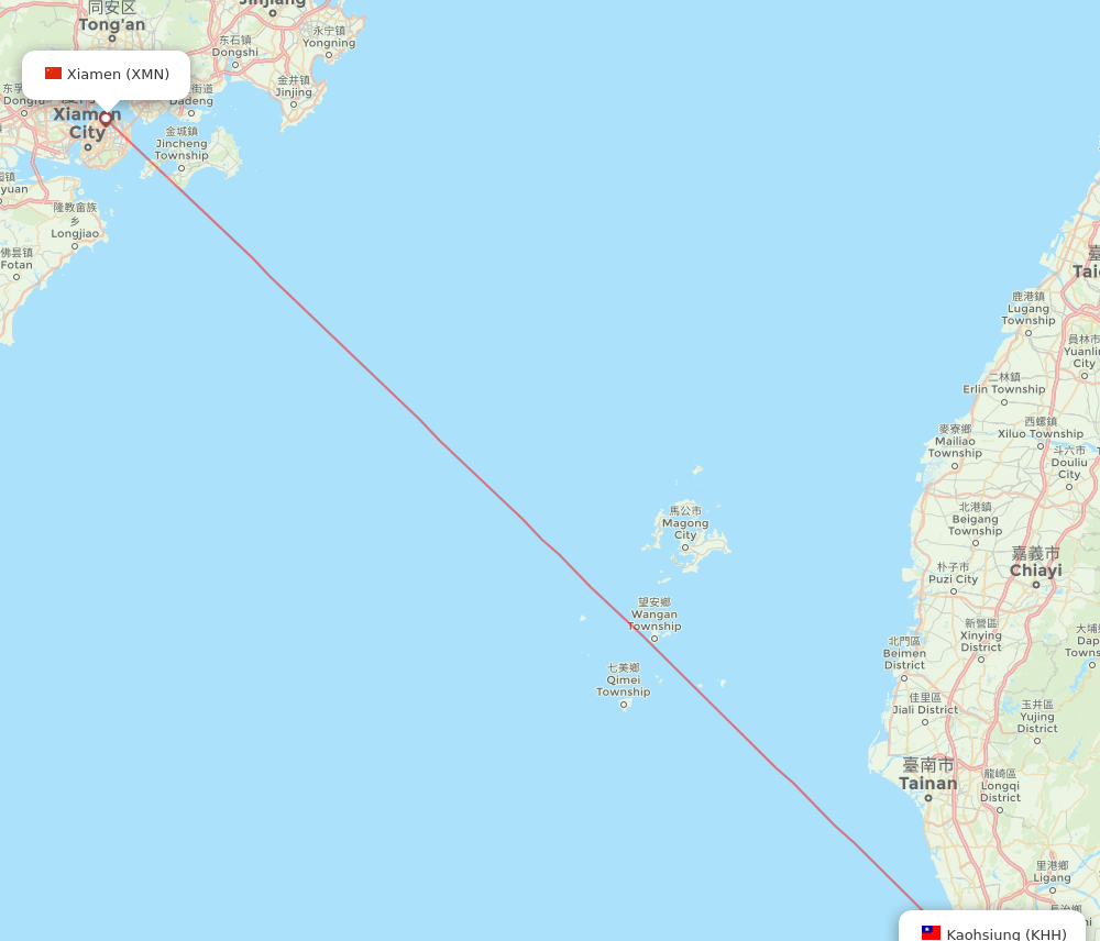 Kaohsiung - Xiamen route map and flight paths