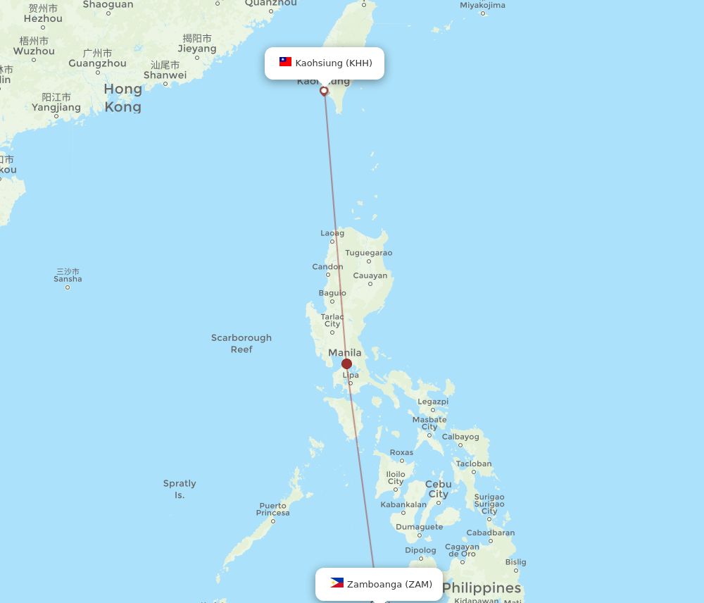 Zamboanga - Kaohsiung route map and flight paths