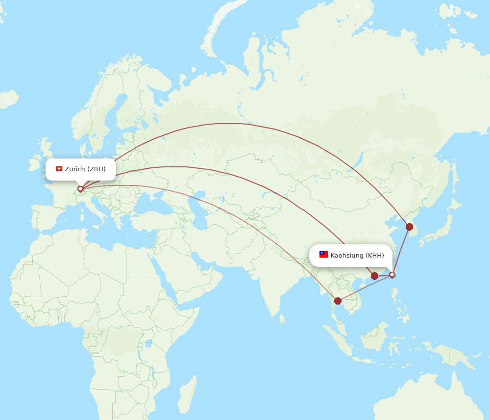 Zurich - Kaohsiung route map and flight paths