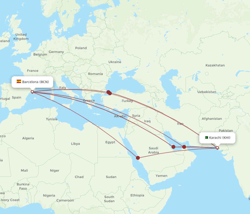 KHI to BCN flights and routes map