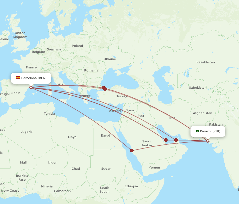 KHI-BCN flight routes