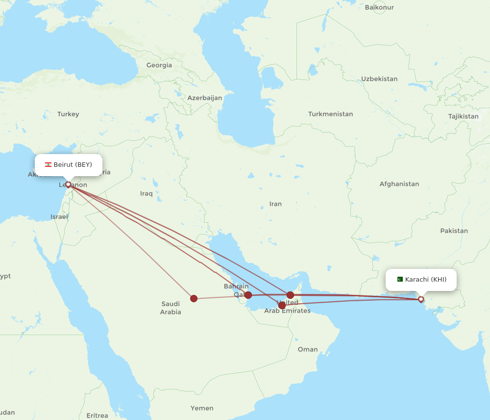 KHI to BEY flights and routes map