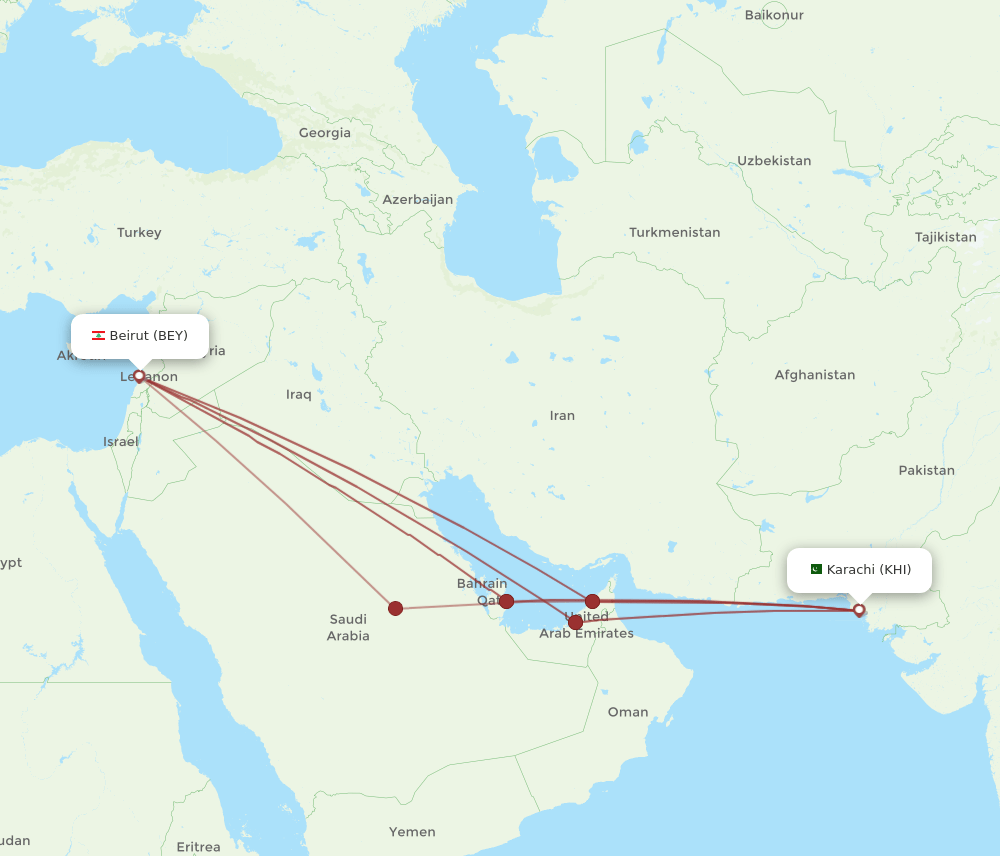 KHI to BEY flights and routes map