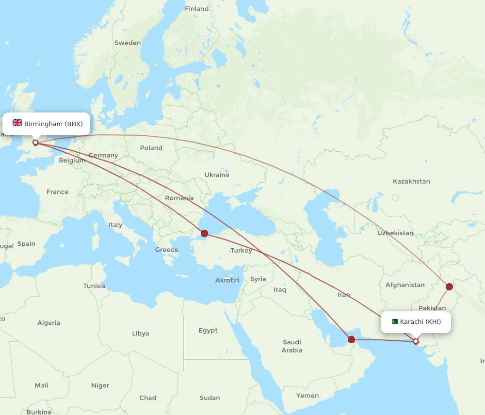KHI-BHX flight routes