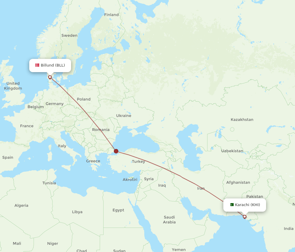 KHI to BLL flights and routes map