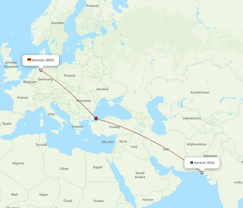Bremen - Karachi route map and flight paths