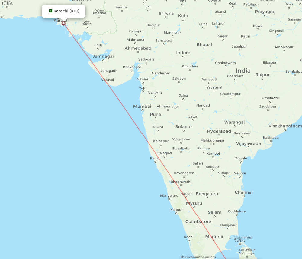 Karachi - Colombo route map and flight paths