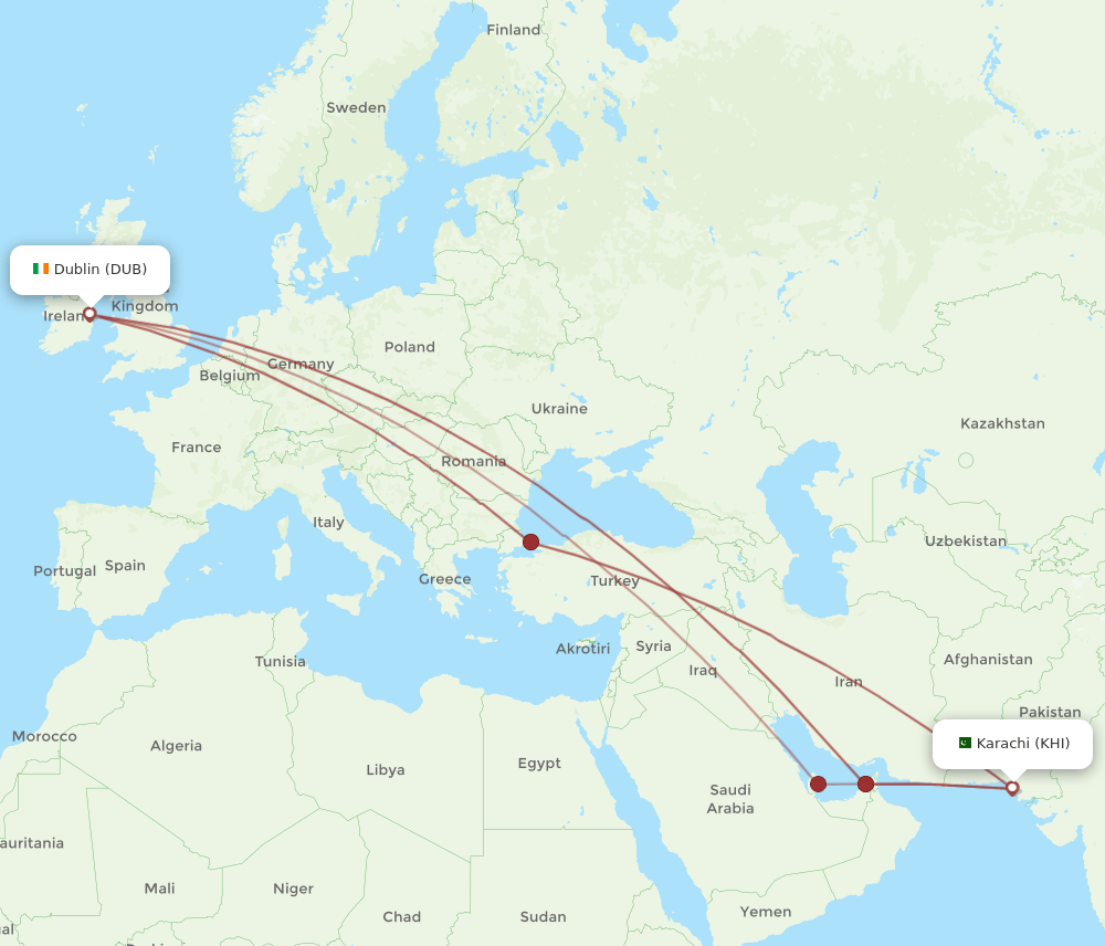 KHI to DUB flights and routes map