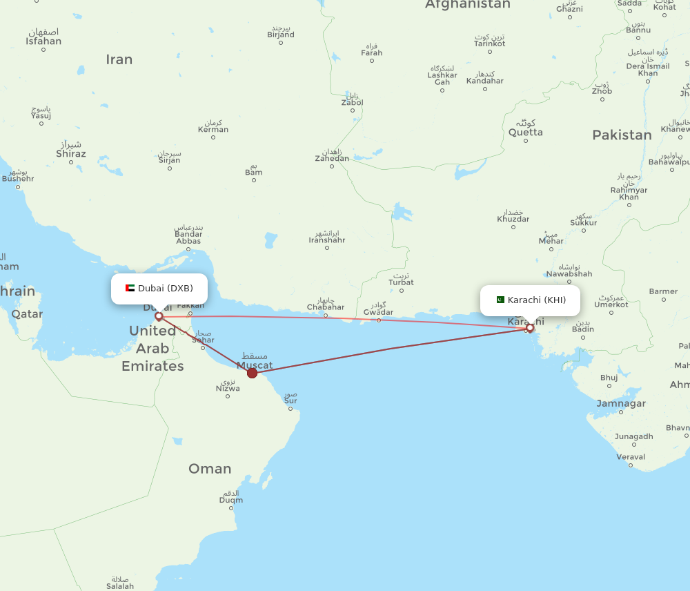 KHI to DXB flights and routes map