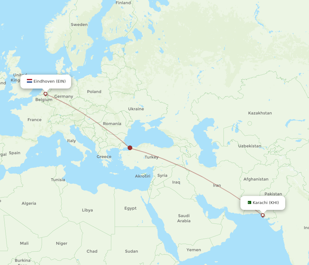 Eindhoven - Karachi route map and flight paths