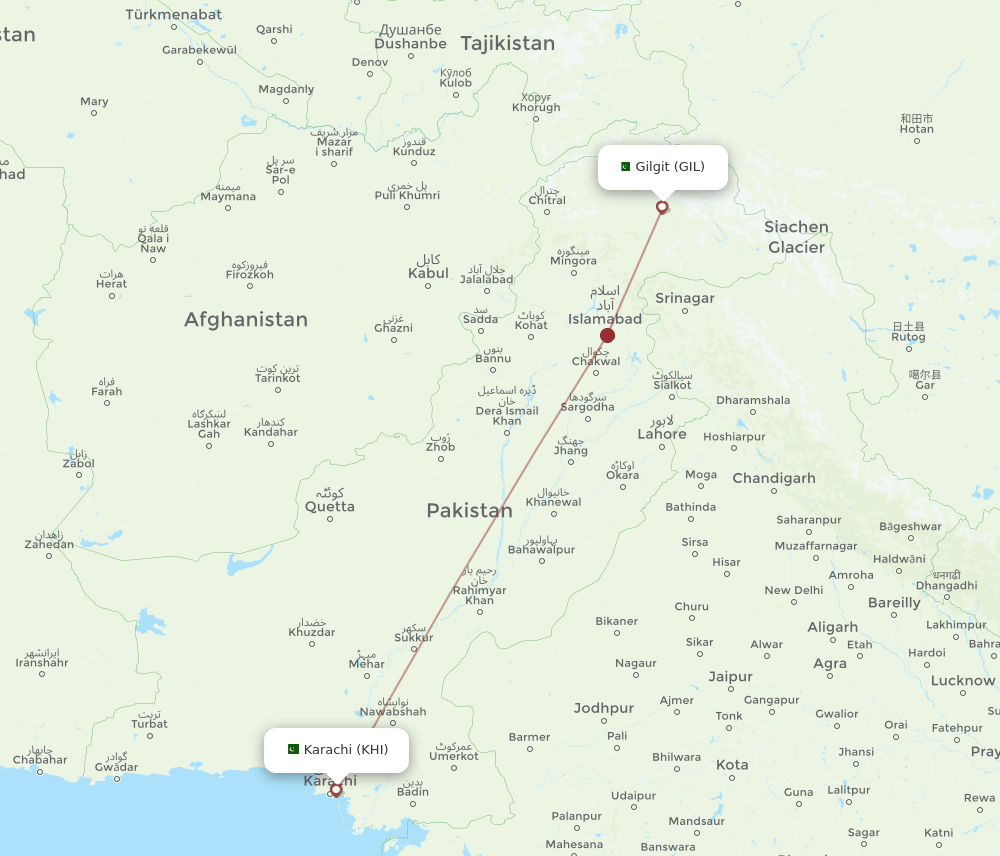 KHI to GIL flights and routes map