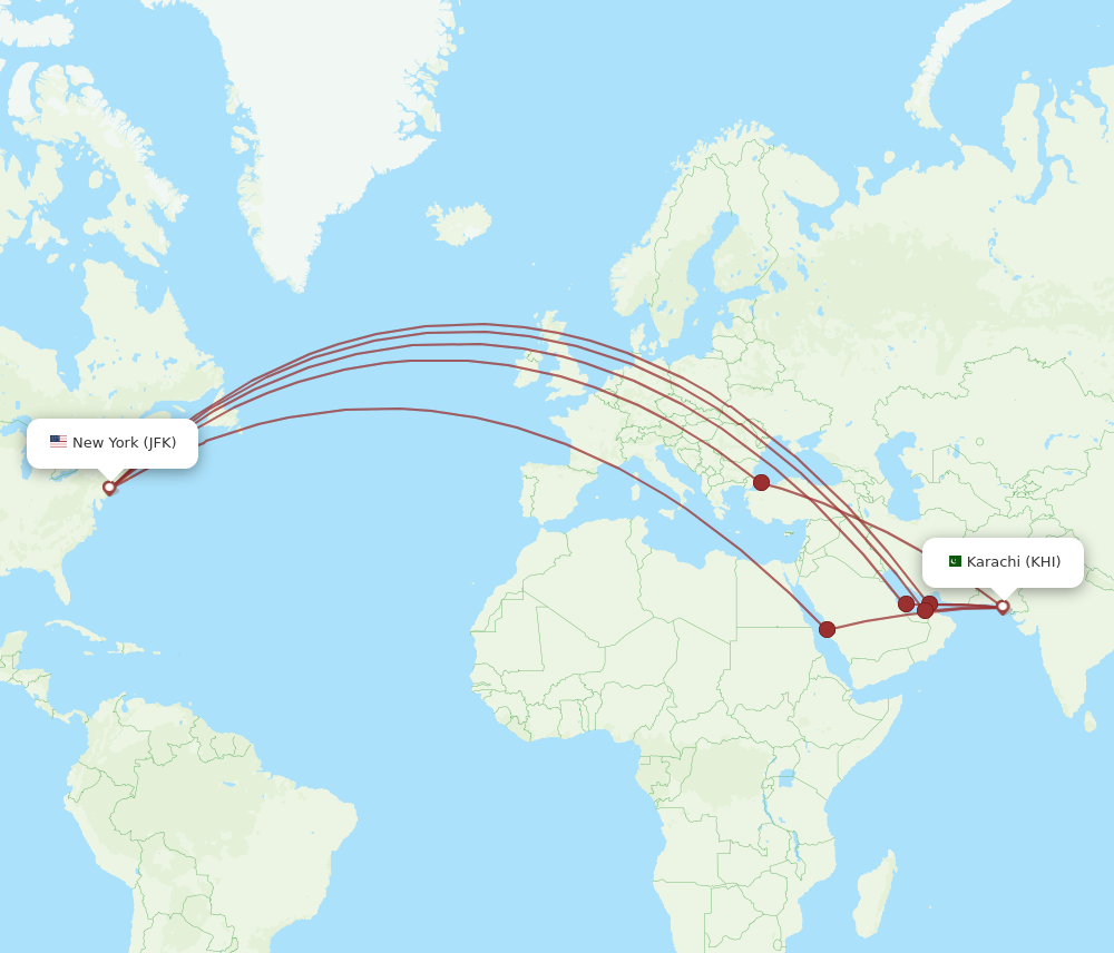 KHI to JFK flights and routes map