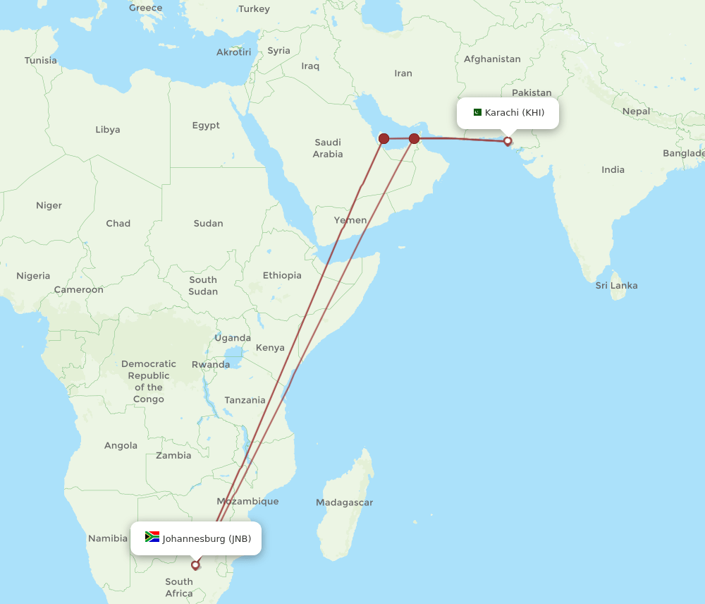 KHI-JNB flight routes