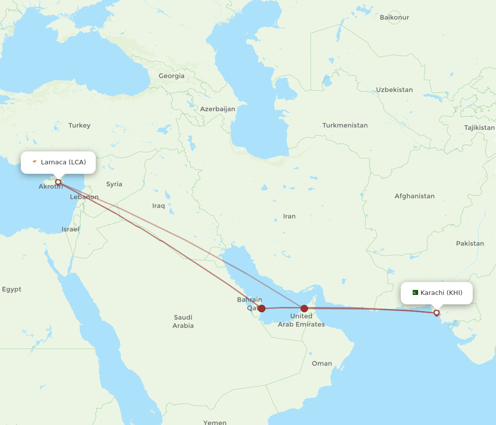 KHI to LCA flights and routes map