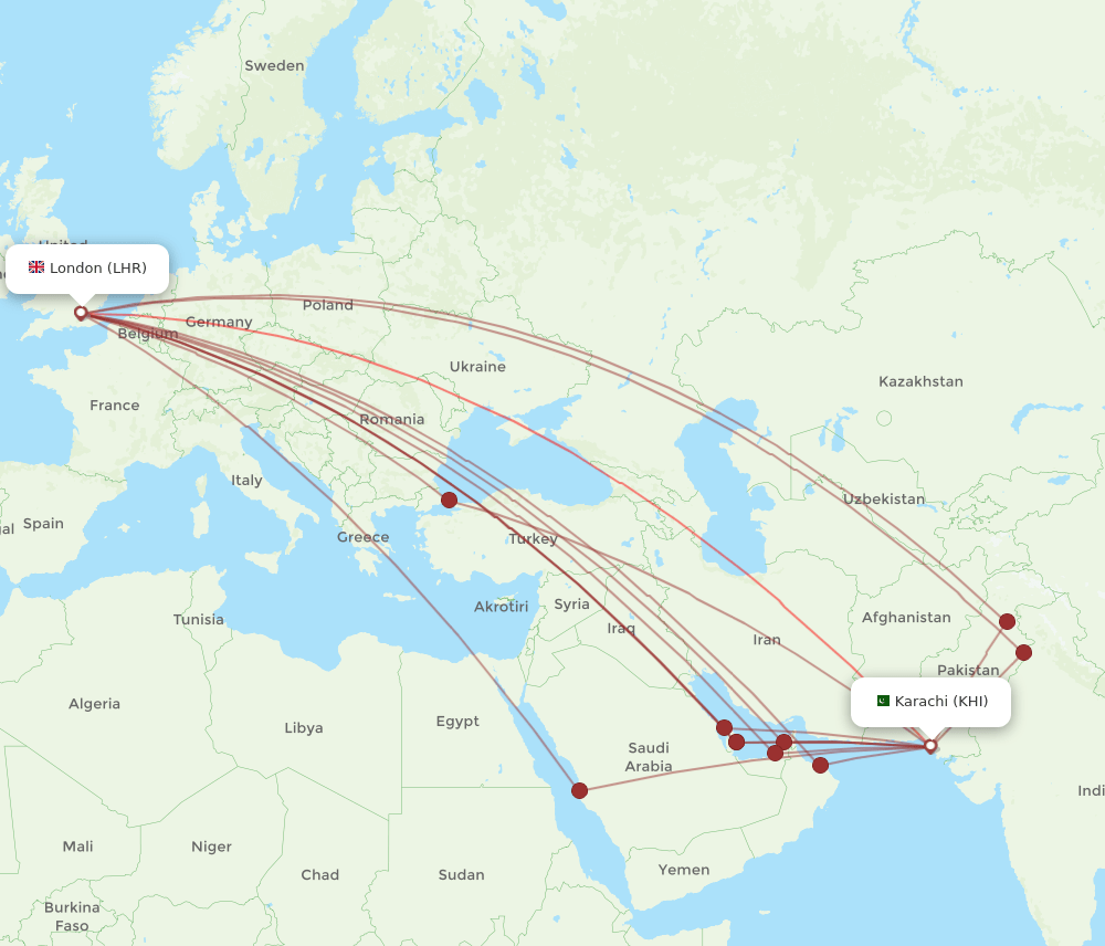 KHI-LHR flight routes