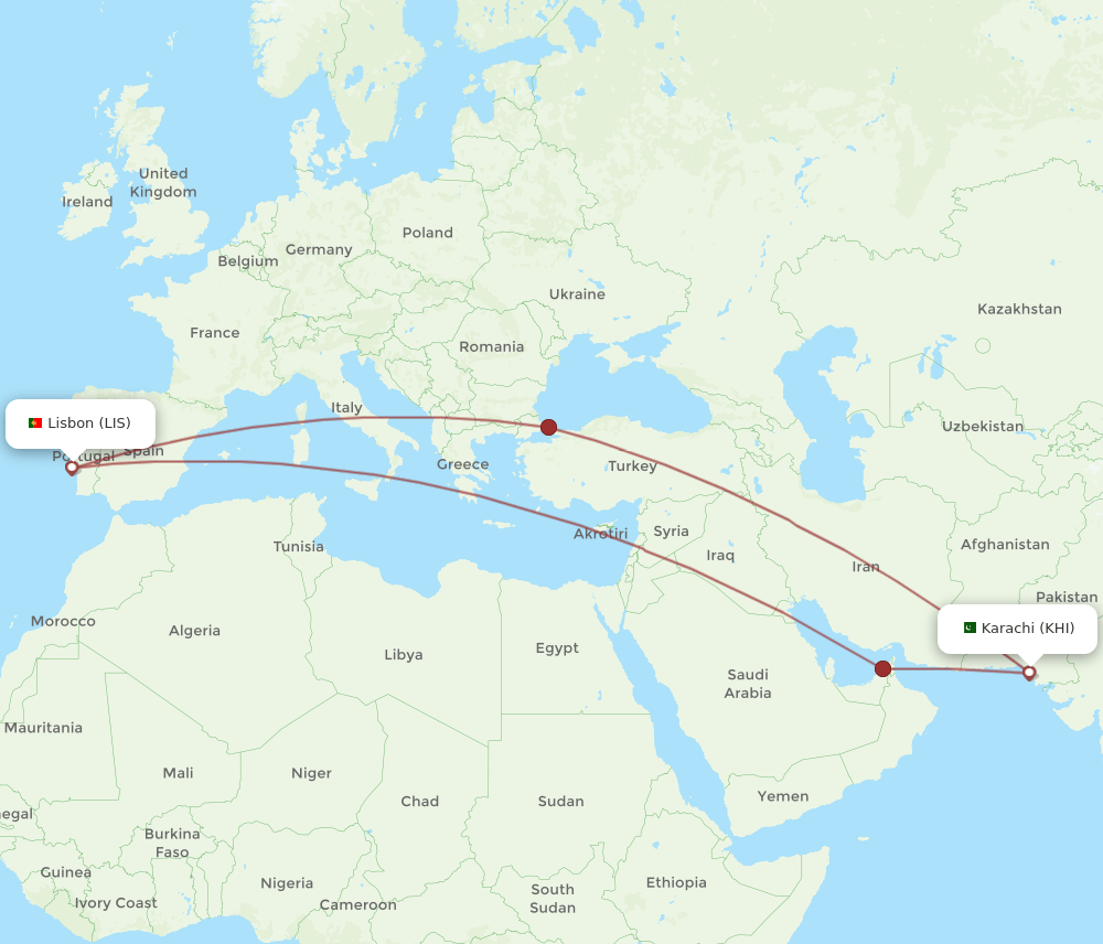 KHI-LIS flight routes