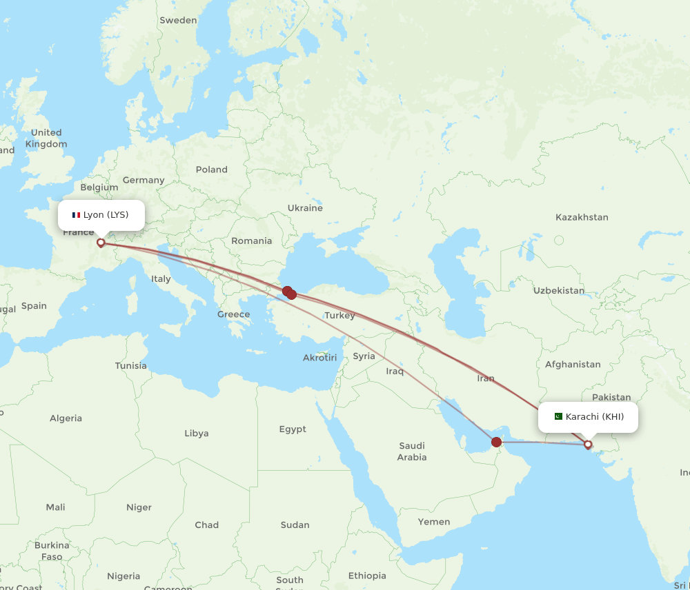 KHI-LYS flight routes