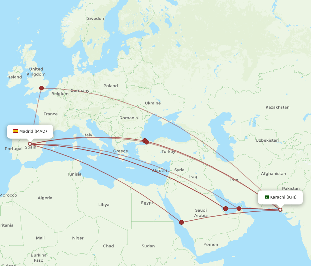 KHI to MAD flights and routes map