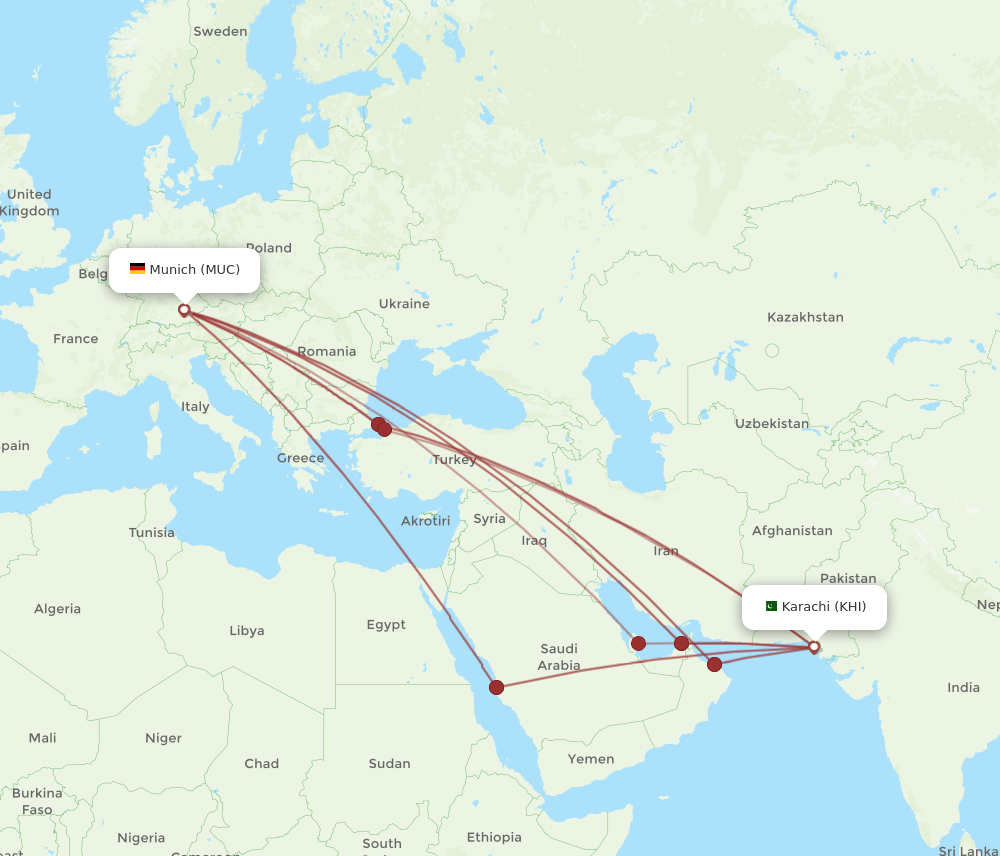 KHI to MUC flights and routes map