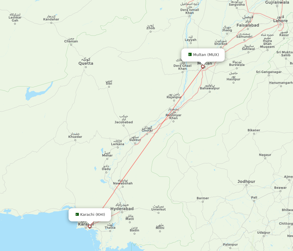 KHI to MUX flights and routes map