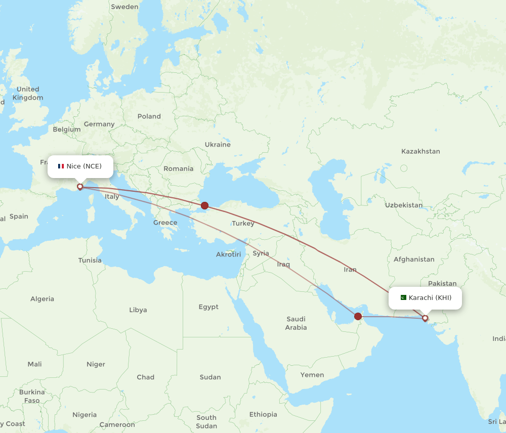 NCE to KHI flights and routes map