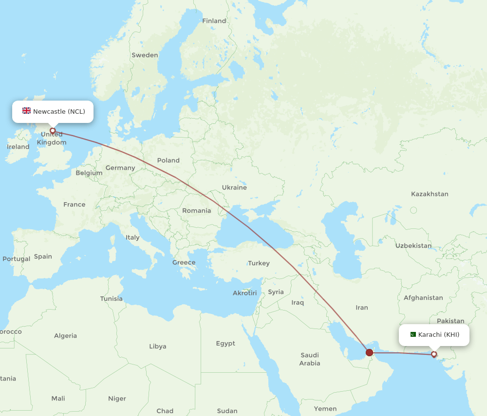 KHI to NCL flights and routes map