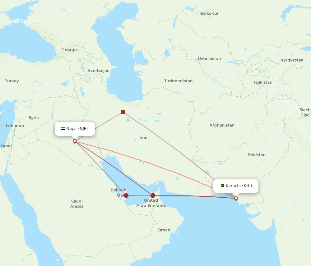 KHI-NJF flight routes