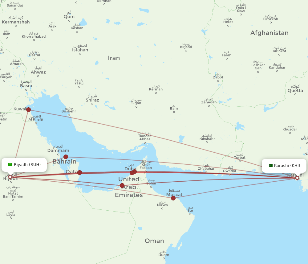 KHI to RUH flights and routes map