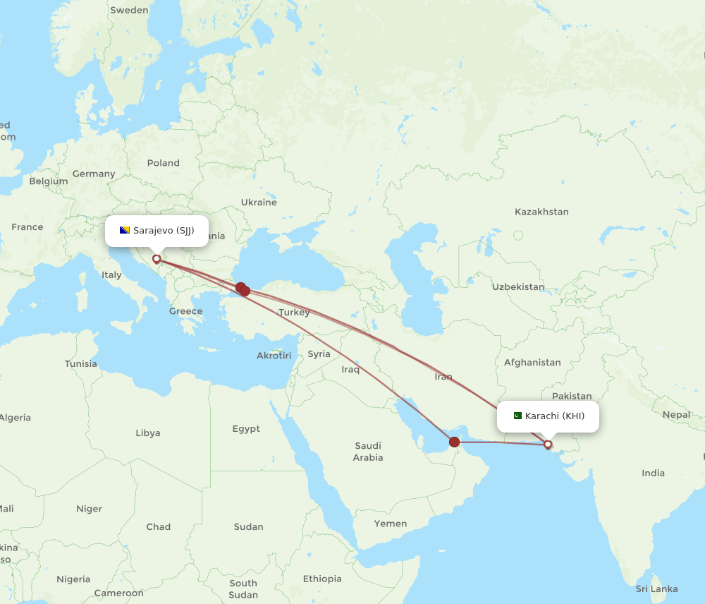 KHI-SJJ flight routes