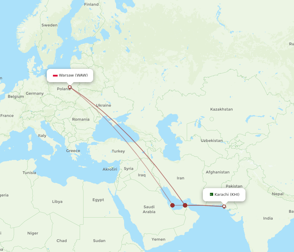 KHI to WAW flights and routes map