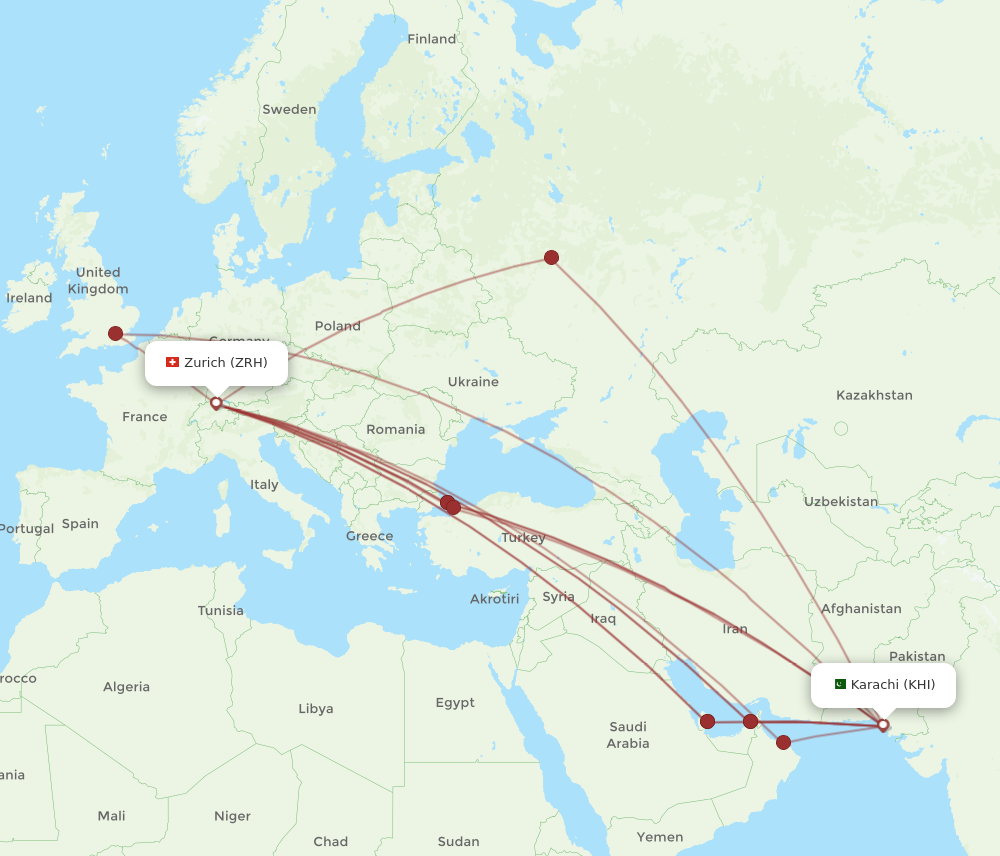 KHI to ZRH flights and routes map
