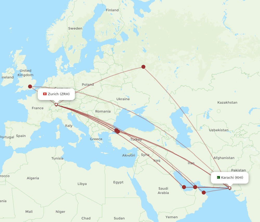 Zurich - Karachi route map and flight paths