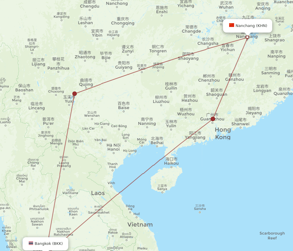 KHN to BKK flights and routes map