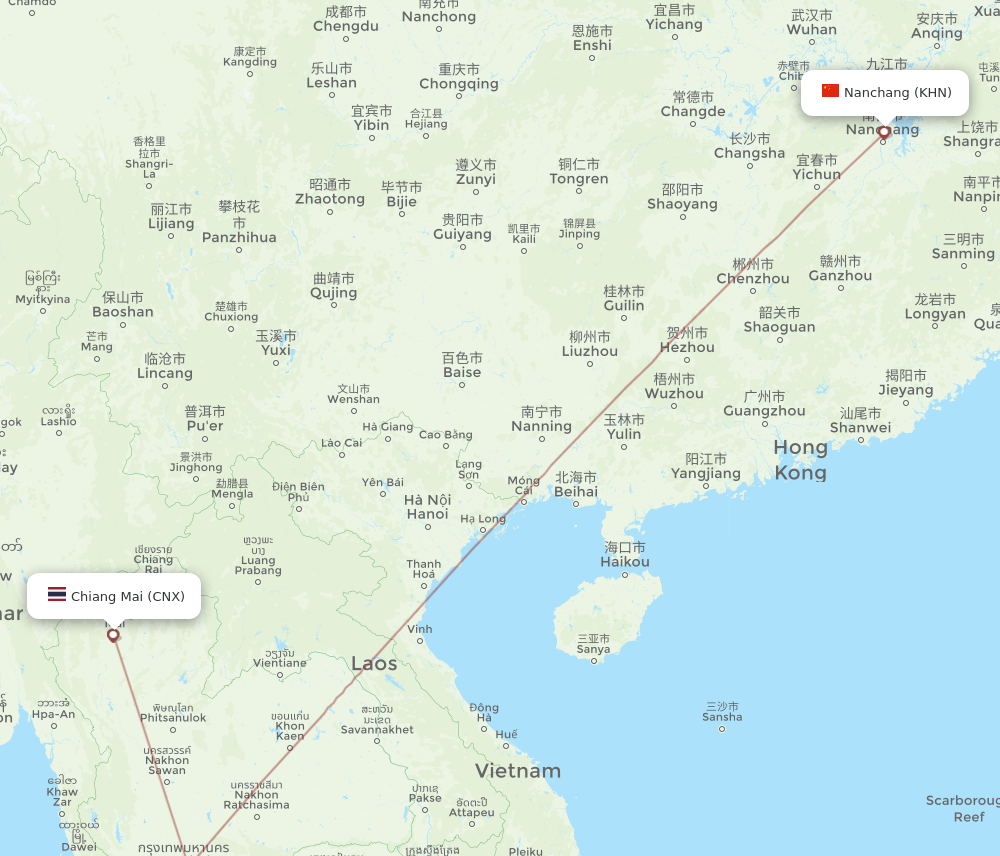 KHN to CNX flights and routes map