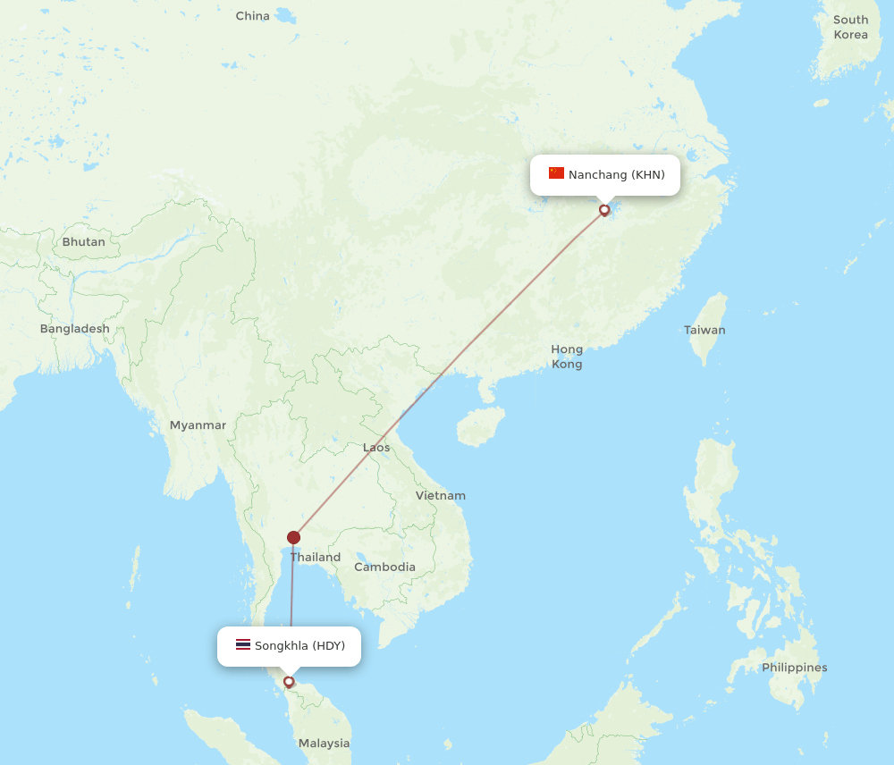 Nanchang - Hat Yai route map and flight paths