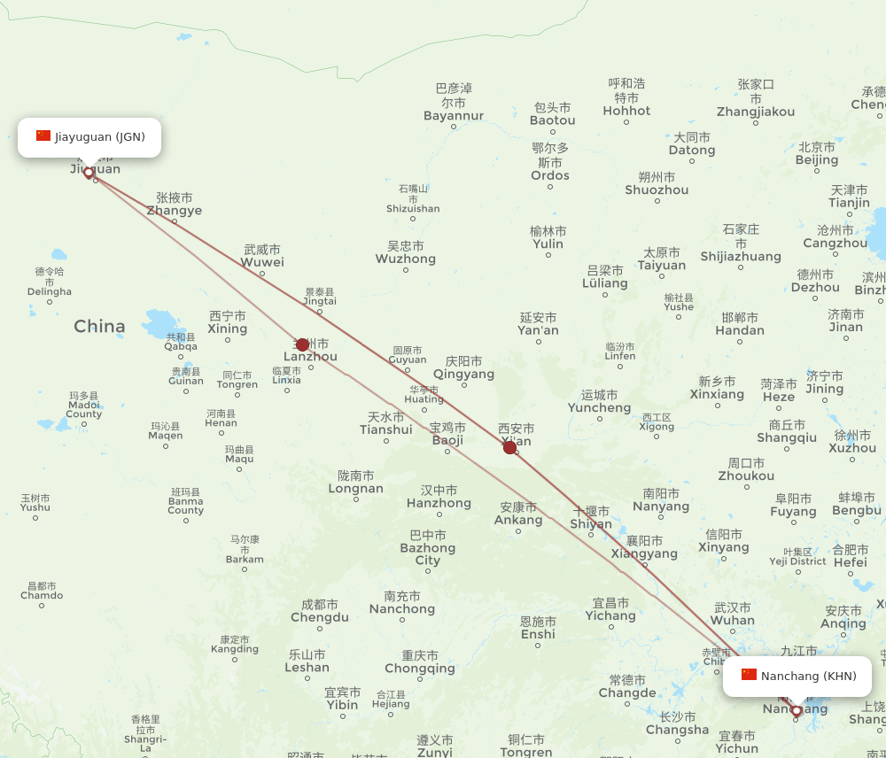 KHN-JGN flight routes