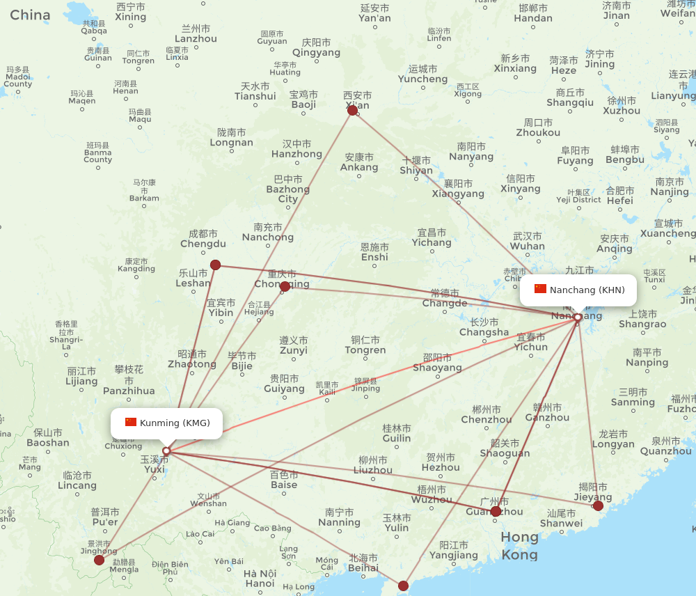 KHN to KMG flights and routes map