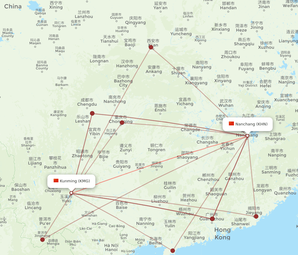 KHN-KMG flight routes