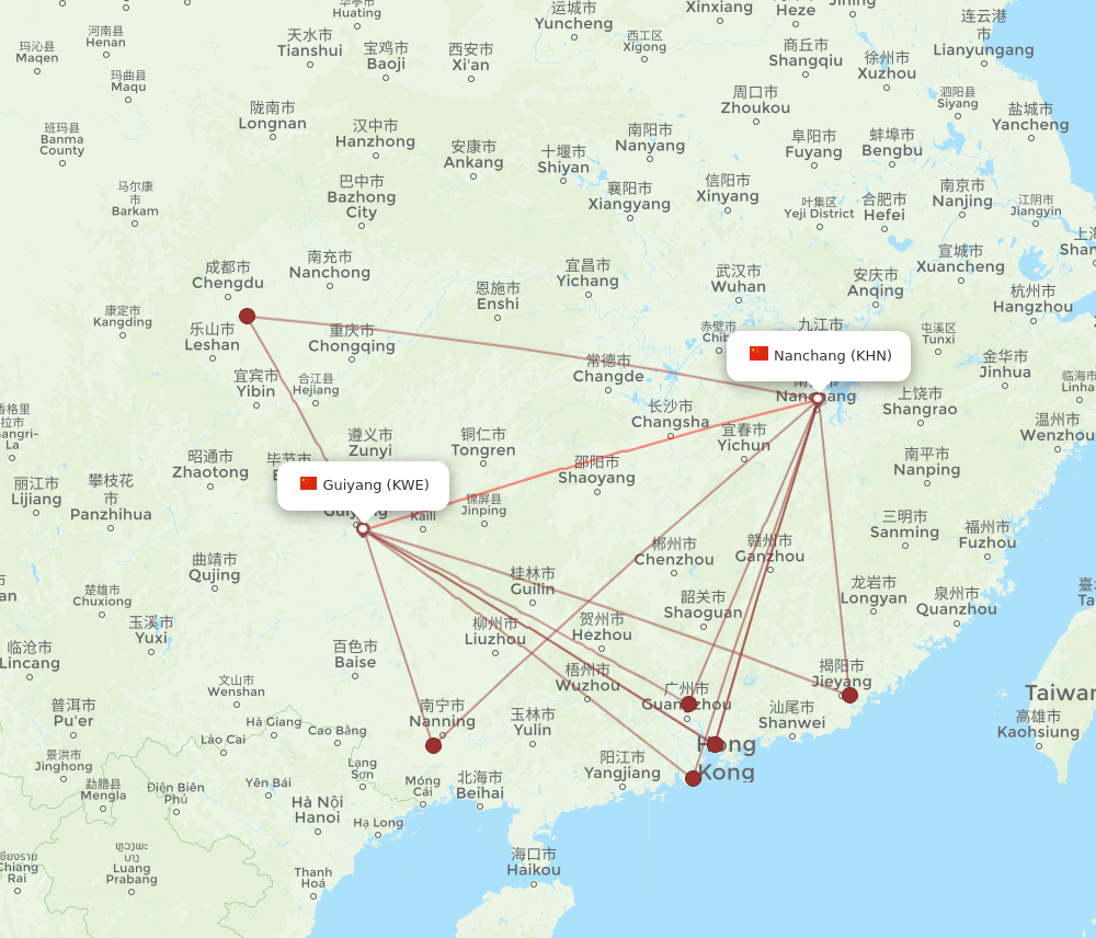 KHN to KWE flights and routes map