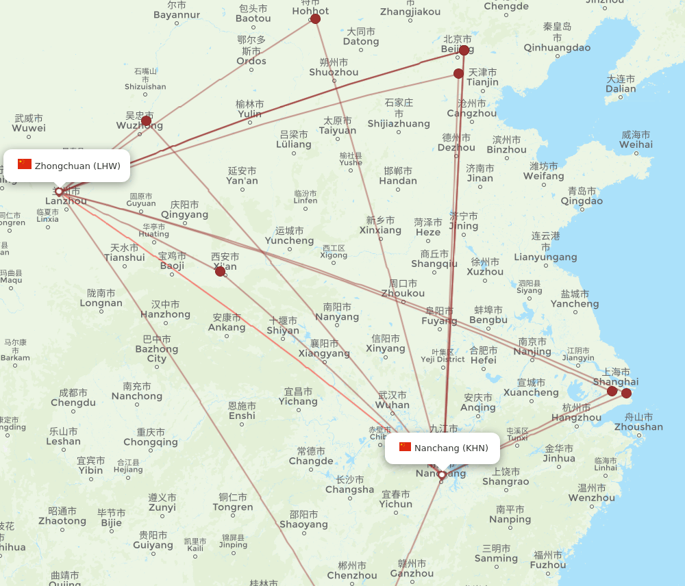 KHN-LHW flight routes
