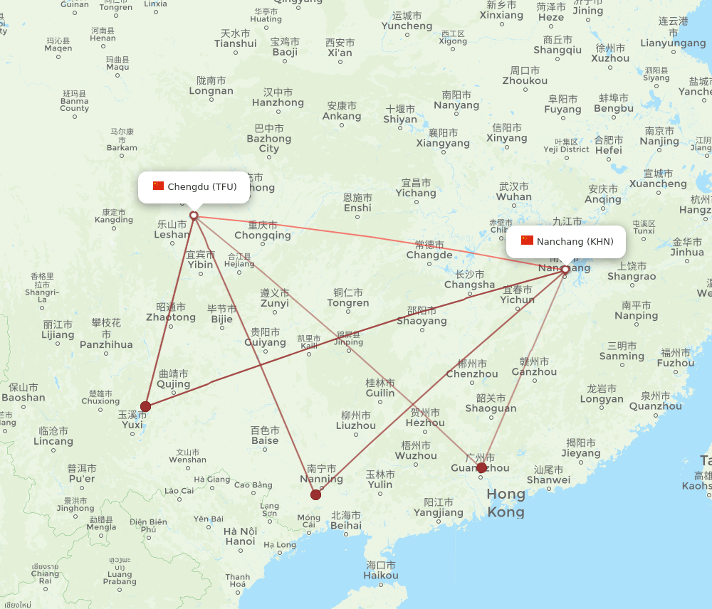 KHN-TFU flight routes