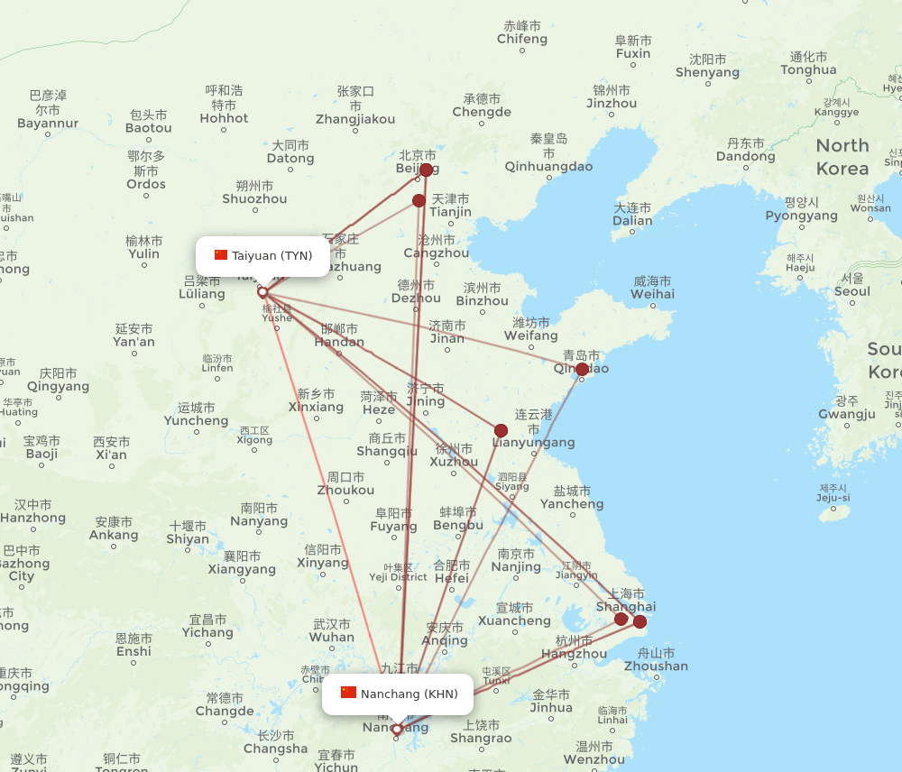 KHN to TYN flights and routes map