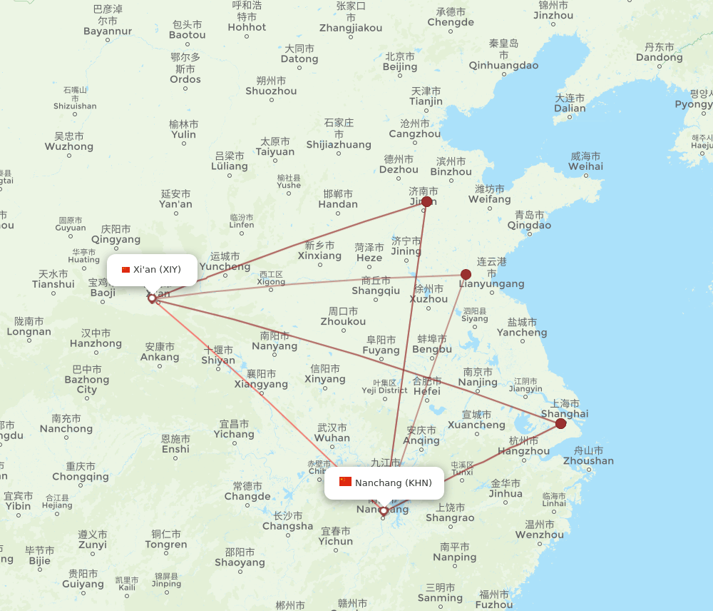 KHN-XIY flight routes