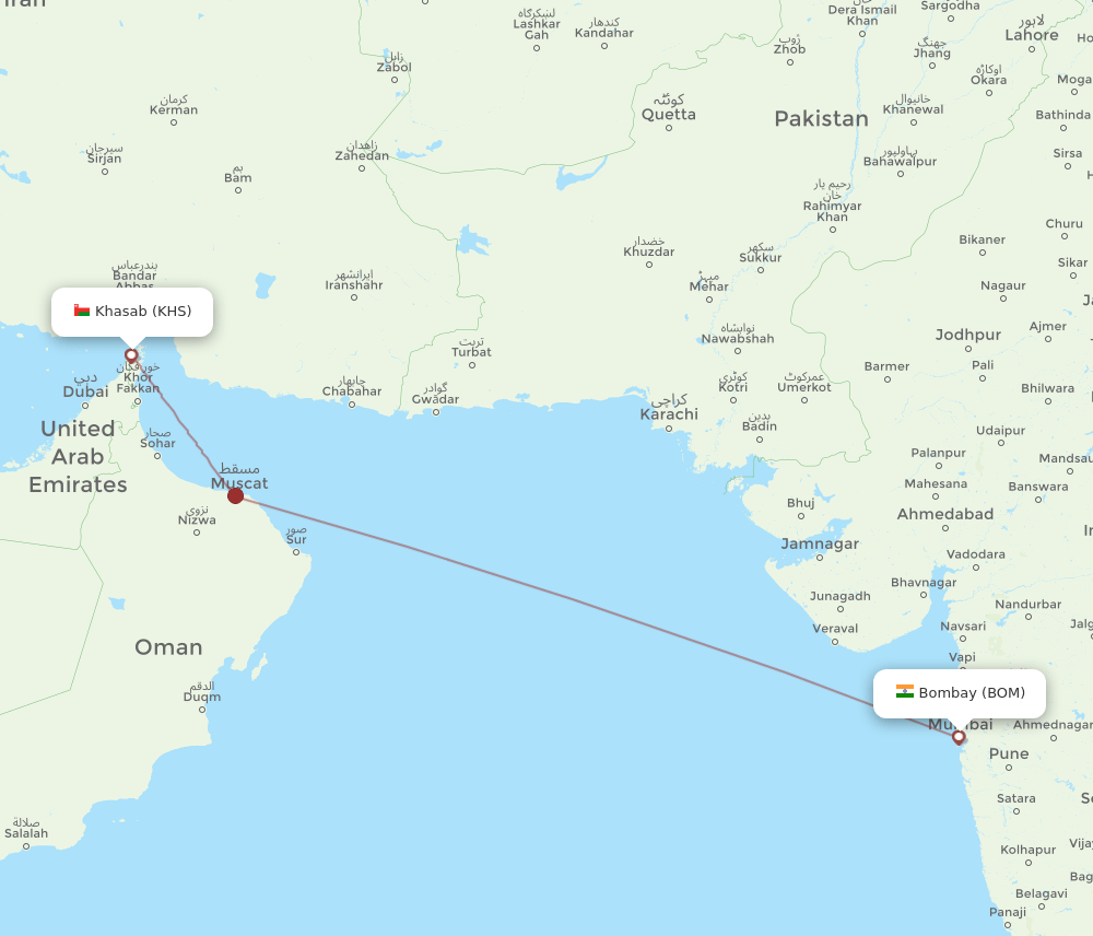Khasab - Mumbai route map and flight paths