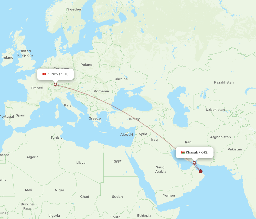 Zurich - Khasab route map and flight paths